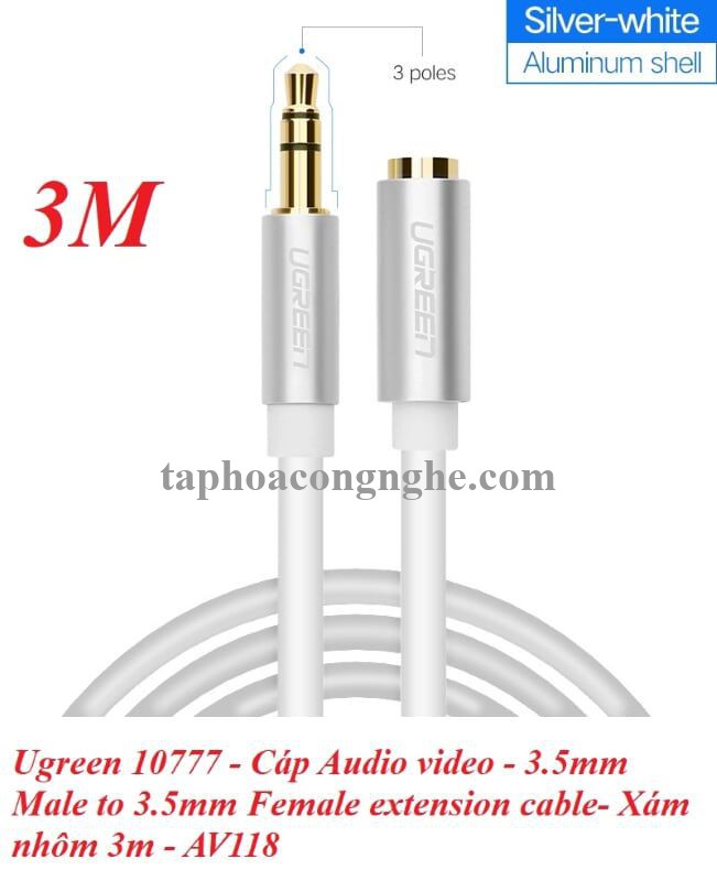 Ugreen 10777 3M màu Trắng Cáp âm thanh 3.5mm nối dài đầu nhôm AV118 30010777
